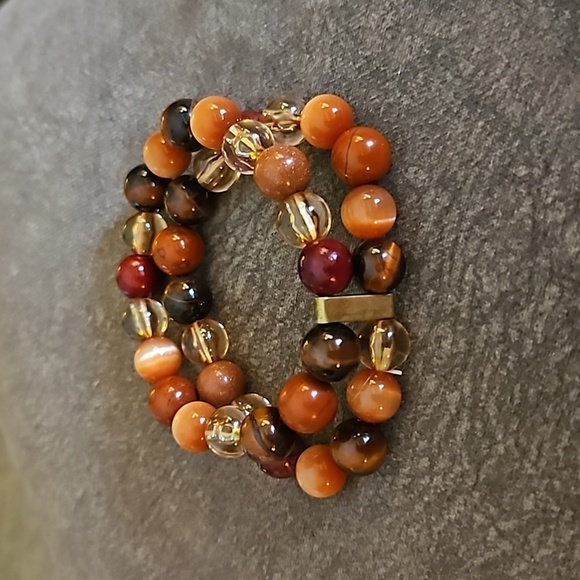 Vintage Earth Tone Glass Cat's Eye Beaded Two Strand Stretch Bracelet - Picture 4 of 6